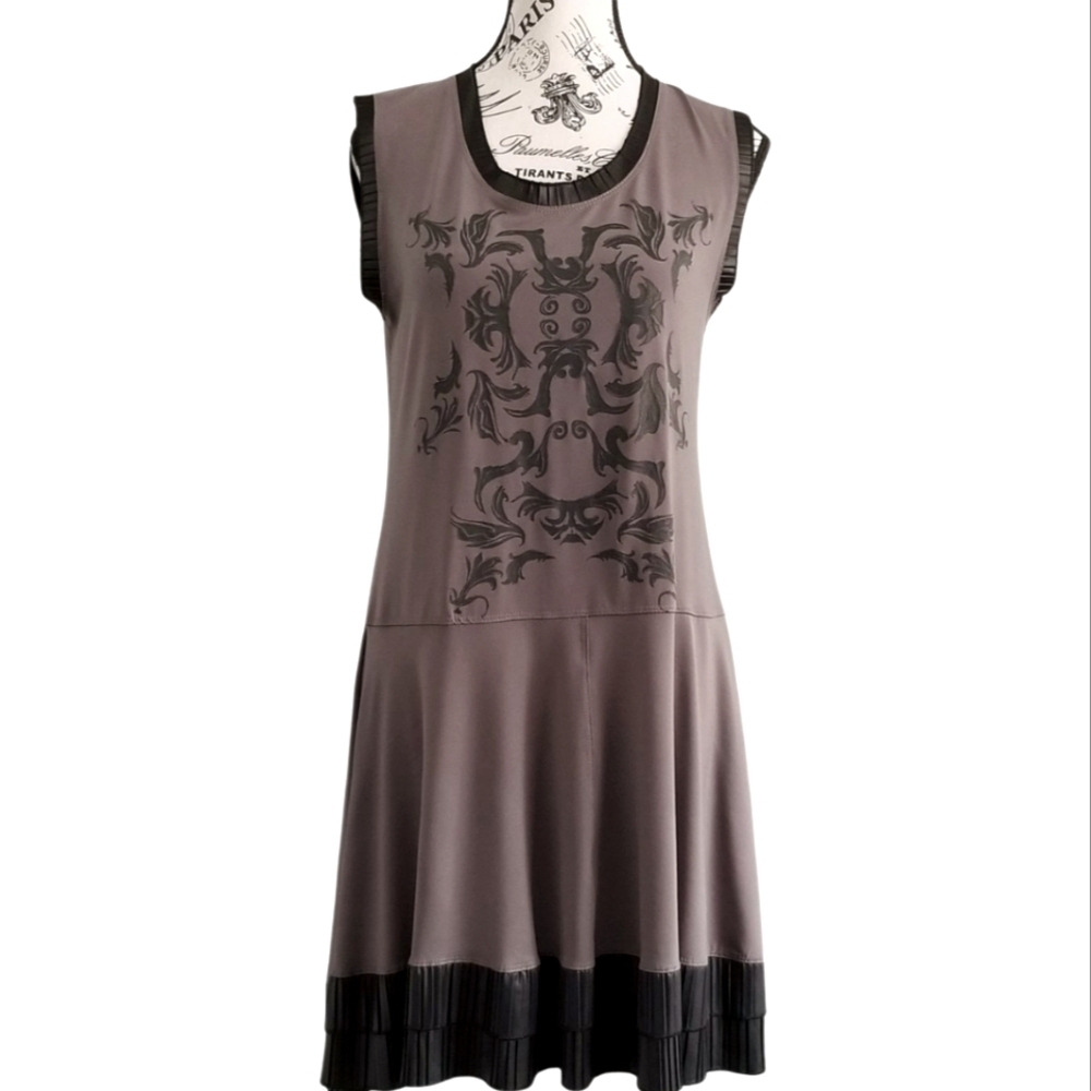 We Love Grey and Black Drop Waist Baroque Print Dress Faux Leather Trim Size L